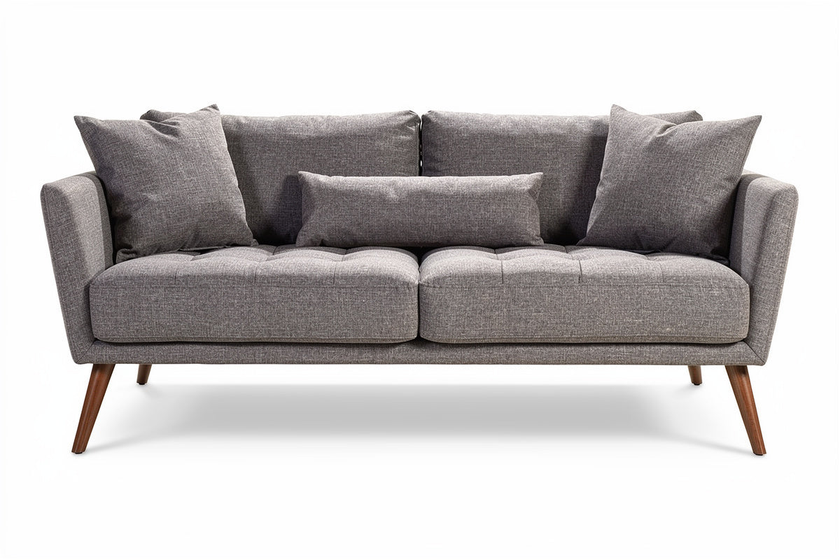 **Technische titel in het Nederlands: Modern grijs bankstel met houten poten en kussens**