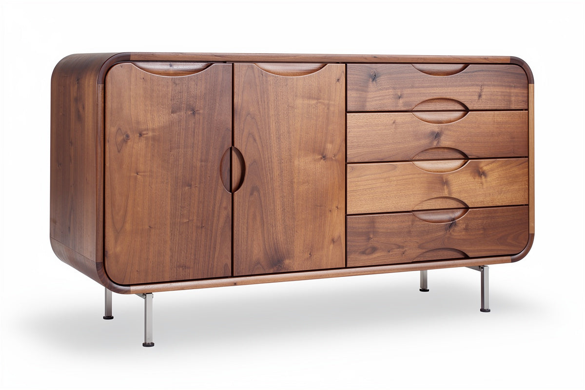 **Technische titel in het Nederlands:** Moderne houten kast met gebogen lijnen en metalen poten