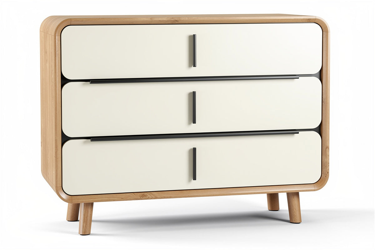 **Moderne kast met drie lades in bamboe en witte afwerking**